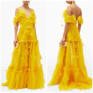 Dundas Floral Appliqué Tiered Silk Organza Gown Yellow